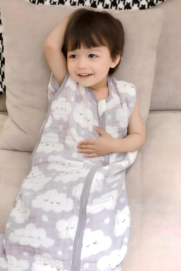 Baby Sleep Sack 2-4 T Baby Wearable Blanket 100% Organic Cotton 0.5 TOG Toddler Sleep Sacks 2- Way Zipper Soft 4 Layers 2T 3T 4T Cloud