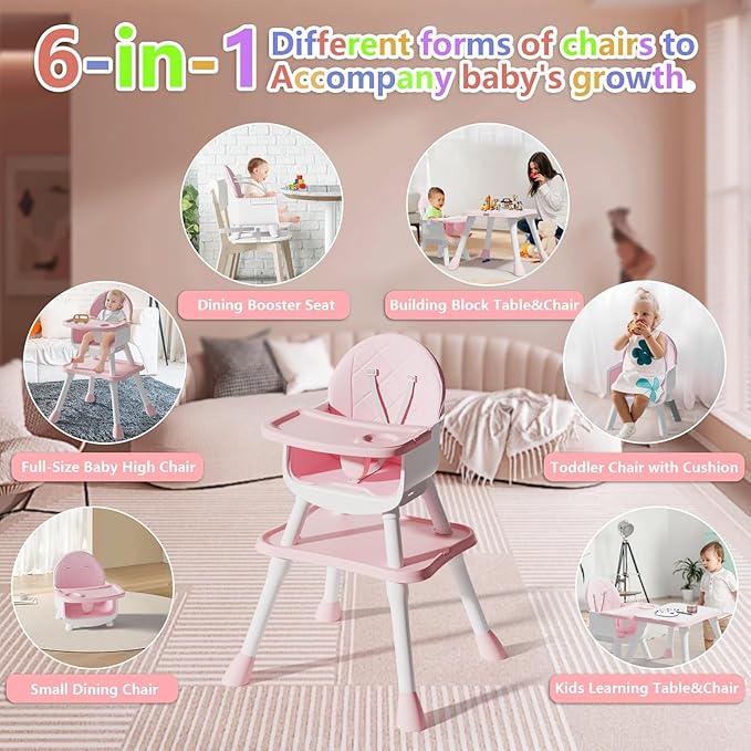6 in 1 Baby High Chair for Babies and Toddlers, Booster Seat, Kids Learning Table & Chair (Pink)