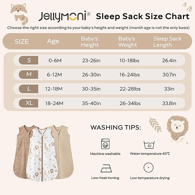 JELLYMONI Baby Sleep Sack 0-6 Months 0.5 Tog Wearable Blanket for Baby, 100% Cotton 3 Pack Infant Toddler Sleeping Sack Lightweight Soft 2-Way Zipper Sleepsack