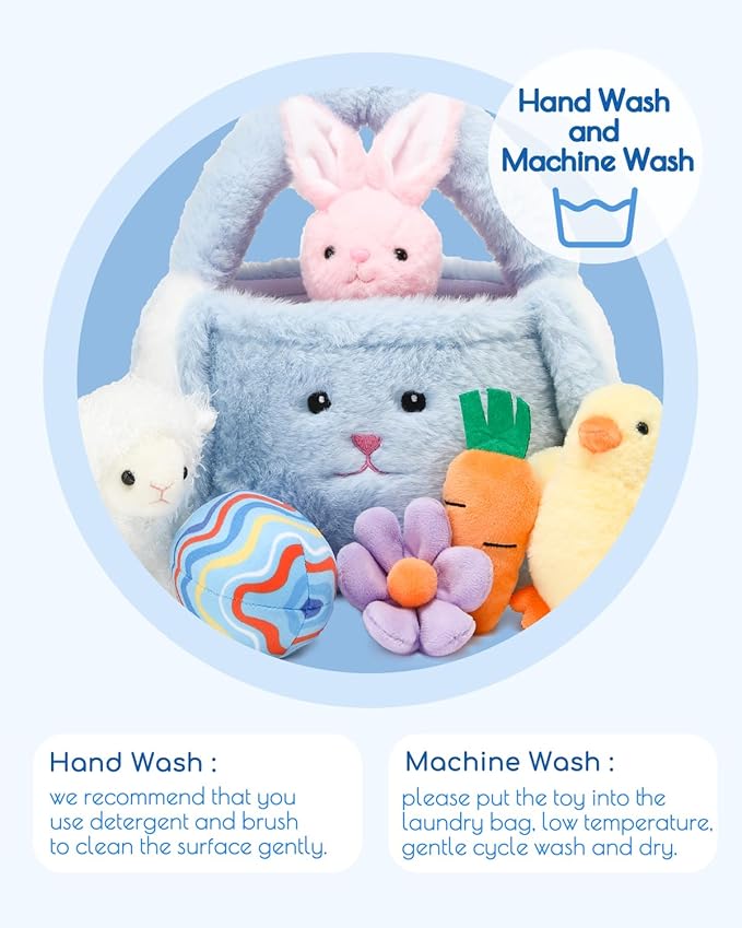 7 Piece Plush Stuffed Animals Playset Toys with Rabbit, Chick, Lamb, Carrot, Egg, Flower, Furry Bag, Soft Basket Set Toys for Girls Kids Ages 3+, Birthday Christmas Valentines Easter Party Favors