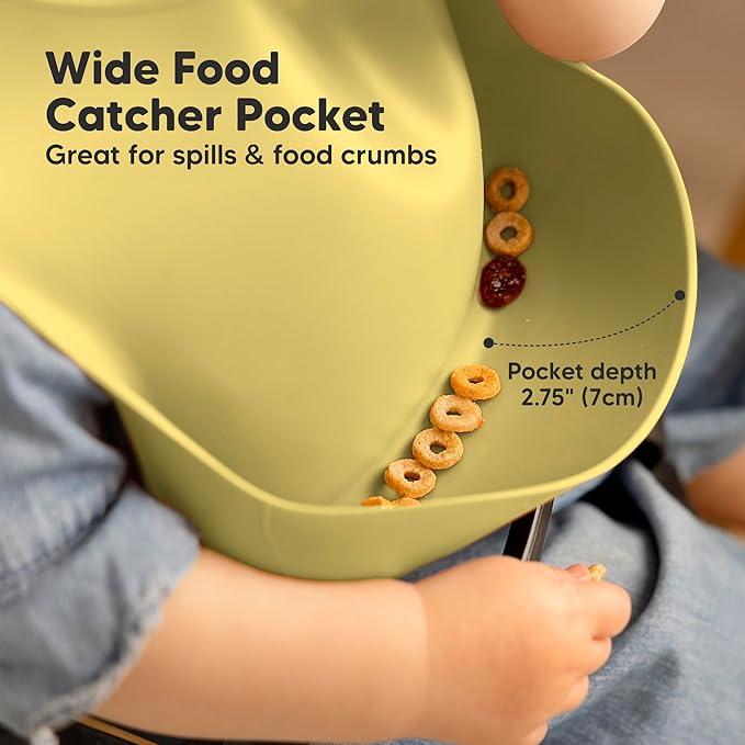 KeaBabies 2-Pack Silicone Baby Bibs for Eating - Sturdy Food-Grade Silicone Bibs for Babies Girl, Boy, Large Food Catcher, Clean & Put On Easily, Waterproof Toddler Feeding Essentials (Olives)