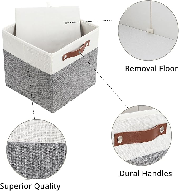 HNZIGE Set of 4, Foldable Storage Cube Bin Baskets, Fabric 11x11 Cube Storage Bins for Storage with Handles, Shelf Bins for Cube Home Toy Nursery Closet(White Gray)