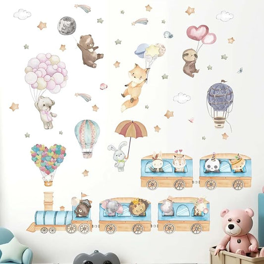 Hot Air Balloon Animal Wall Decals - Elephant Lion Giraffe Train Animal Wall Stickers - Baby Nursery Kids Girls Bedroom Daycare Wall Decor