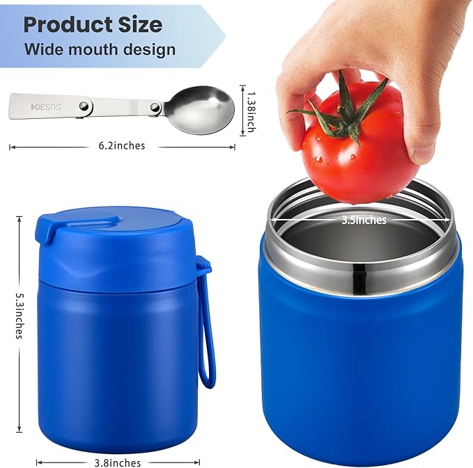 17oz Soup Thermo for Hot Food Kids,Insulated Food Jar with Spoon,Thermo Hot Food Lunch Container,Wide Mouth Leakproof Stainless Steel Lunch Box for School(Blue)