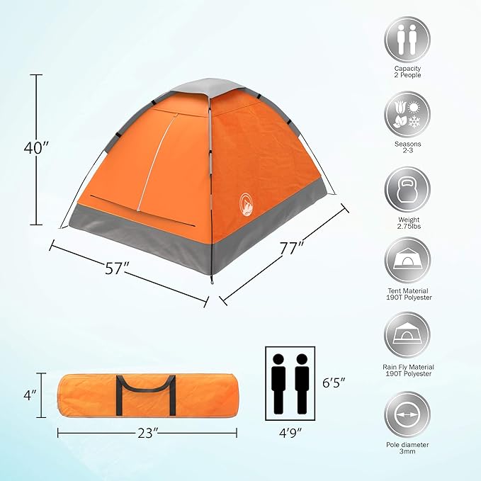 2-Person Dome Tent – Easy Set Up Shelter with Rain Fly and Carrying Bag for Camping