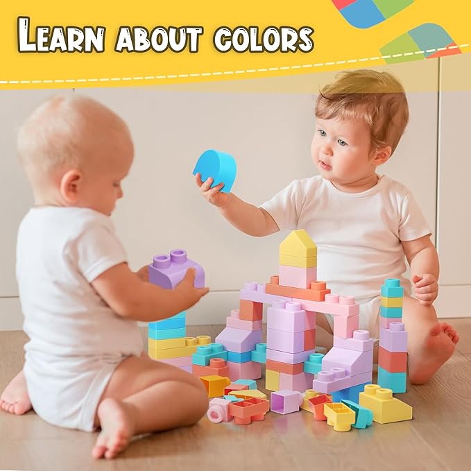 45 Pcs Soft Building Blocks for Toddlers 18M+, BPA - Free Sensory Toys, Montessori STEM DIY Construction Bricks, Safe Teething & Early Learning Toys, Creative Building Set for Baby Kids