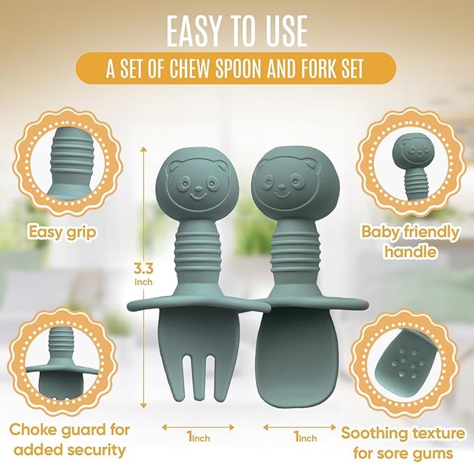 4pc Silicone Baby Spoons Self Feeding Baby Utensils 6-12 Months - 3 Baby Spoon - 1 Baby Fork - Toddler Cutlery Set - BPA Free, Dishwasher Safe, Baby Eating Essentials (Light pink/Army Green)