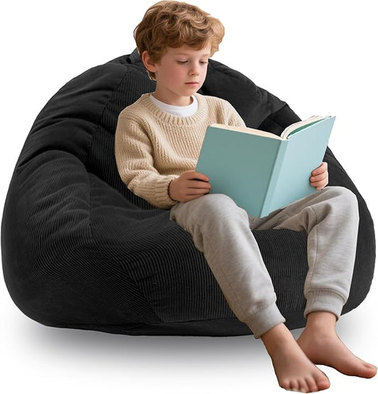 3FT Memory Foam Bean Bag Chairs for Teens or Kids with Filling Bean Bag Sofa with Handle Super Soft Washable Corduroy Fabric Lazy Sofa 3 Foot Black