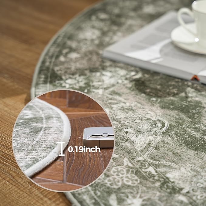 jinchan Round Rug 6ft Area Rug - Green Vintage Floor Mat Kitchen Indoor - Washable Circle 6' Thin Floral Print Carpet Retro Farmhouse Non Slip Dining Room Living Room Bedroom Office