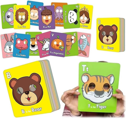 2025 New 26 PCS Alphabet Mask Cards,Alphabet Flash Cards with Animal Masks,Colorful Animals Flash Cards, Interactive Education Games, Learn Letters