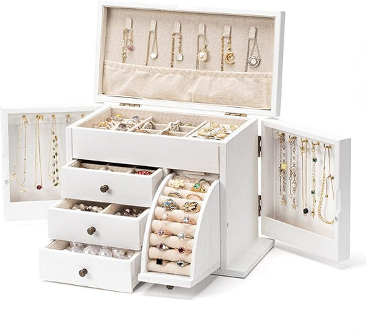 Jewelry Box Organizer, Solid Wood Jewelry Boxes for Women for Storage & Display Necklace Ring Earring Bracelet, Rustic Style Jewelry Organizer Box for Women Gifts (Weathered White)