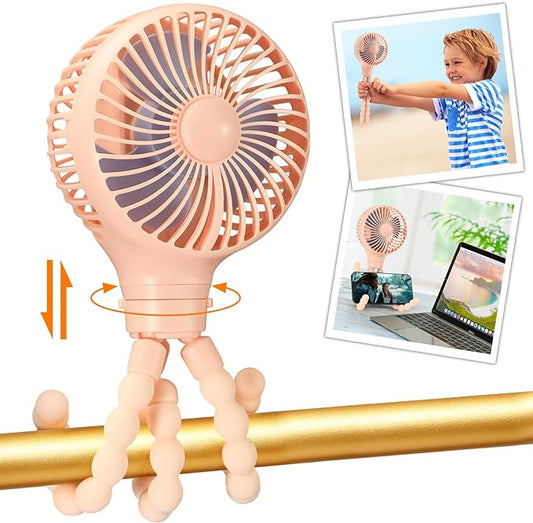 snawowo Mini Portable Baby stroller Fan, Auto Oscillating Battery Operated Personal Small Handheld Fan with Flexible Tripod, Rechargeable Clip On for Car Seat Crib Treadmill Travel Camping Pink