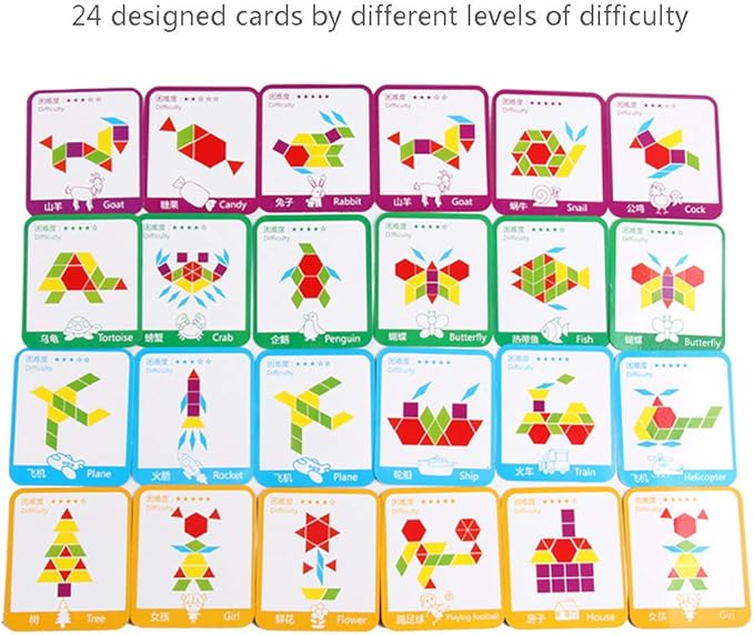 155 Pcs Wooden Pattern Blocks Set Geometric Shape Puzzle Kindergarten Classic Educational Montessori Tangram Toys for Kids Ages 4-8 with 24 Pcs Design Cards