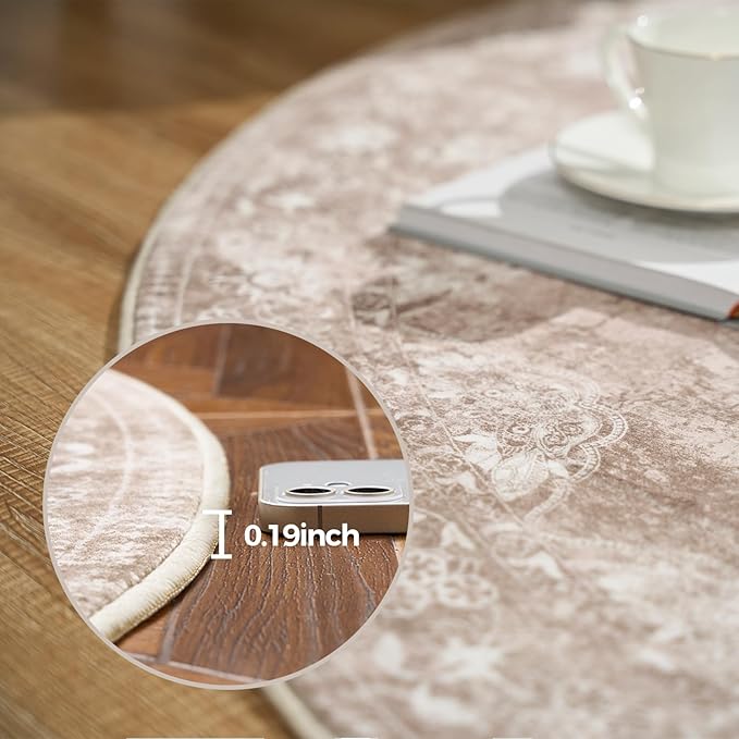 jinchan Round Rug 6ft Area Rug - Brown Vintage Floor Mat Kitchen Indoor - Washable Circle 6' Thin Floral Print Carpet Retro Farmhouse Non Slip Dining Room Living Room Bedroom Office