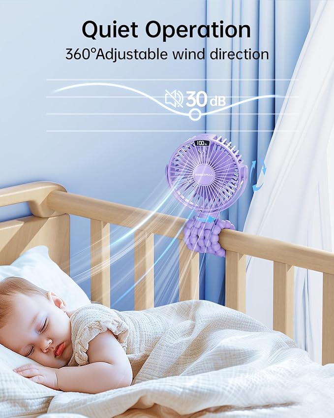 SWEETFULL Portable Stroller Fan with Display 4000mAh Battery Powered Mini Clip On Fan, 4-Speed Rechargeable Small Personal Cooling for Baby Car Seat Crib Travel - Purple