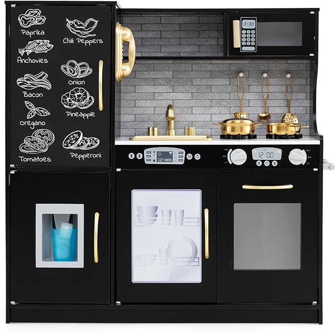 HONEY JOY Kids Kitchen Playset, Wooden Little Chef Pretend Toy Kitchen Set w/Chalkboard, Telephone, Utensils, Oven, Microwave, Sink, Storage, Play Kitchen for Toddlers Boys Girls, Black