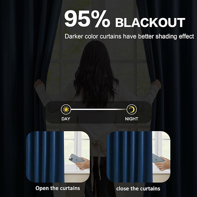 KEQIAOSUOCAI Navy Blackout Curtains 72 Wide x 95 inch Long 2 Panels - Thermal Insulated Room Divider Curtains for Bedroom/Living Room/Patio, Wide Width Pinch Pleated Curtain Panel with Hooks 72 x 95