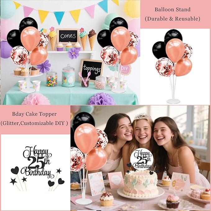 25th Birthday Decorations for Women - 56pcs Rose Gold Happy 25th Banner, Rhinestone Crown & Sash, Cake Topper, 40 Balloons, 3D Butterflies & 4 Balloon Stands (25)