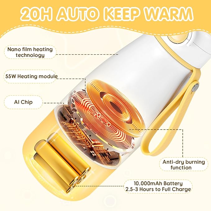 Portable Milk Warmer for Travel, 12oz Large Capacity Baby Bottle Warmer for Formula & Breastmilk, Fast Heating Milk Warmer on The Go wth Child Lock,Precise Temp Control