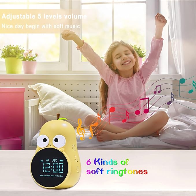 Kids Alarm Clock for Girls Pear Alarm Clock with Snooze Toddler Sleep Training Clock for Bedroom Home Office(Yellow)