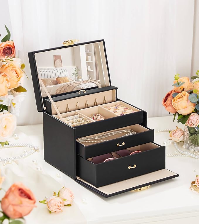 Jewelry Box with Lock for Girls: Jewelry Organizer for Dresser - 3-Drawer Earrings Storage Girls Women Gift (Black)
