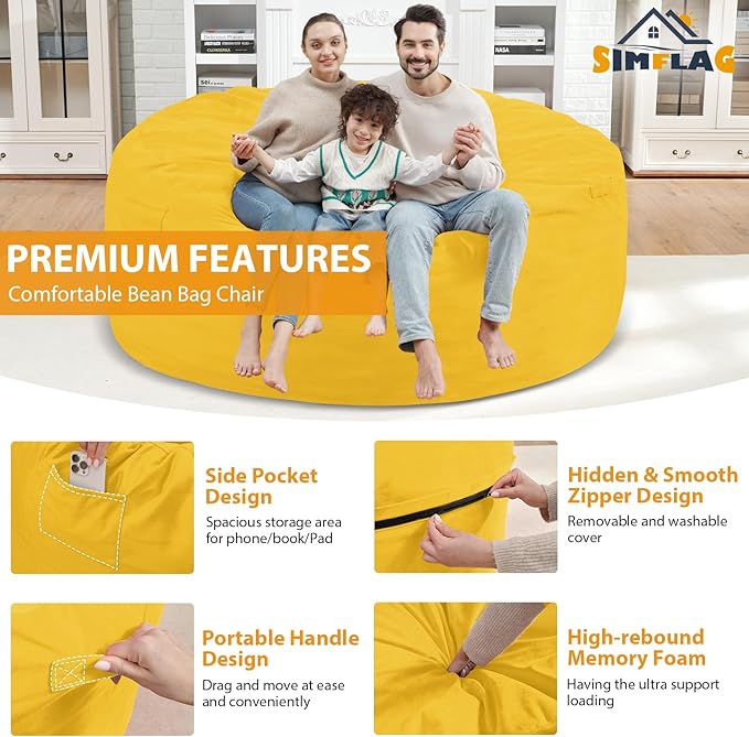 6FT Bean Bag Chair, Large Bean Bag Chairs with Memory Foam Filled, Fluffy Beanbag Sofa with Dutch Velvet Cover, Round BeanBag Chairs for Living Room, Playroom - Lemon