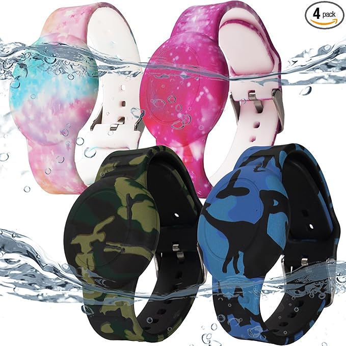 4 Pack Waterproof AirTag Bracelet for Kids, Hidden Printed Wristband for Apple Air Tag, Silicone AirTag Holder GPS Tracker Case for Band for Child Toddler, Secure Anti-Lost Protection