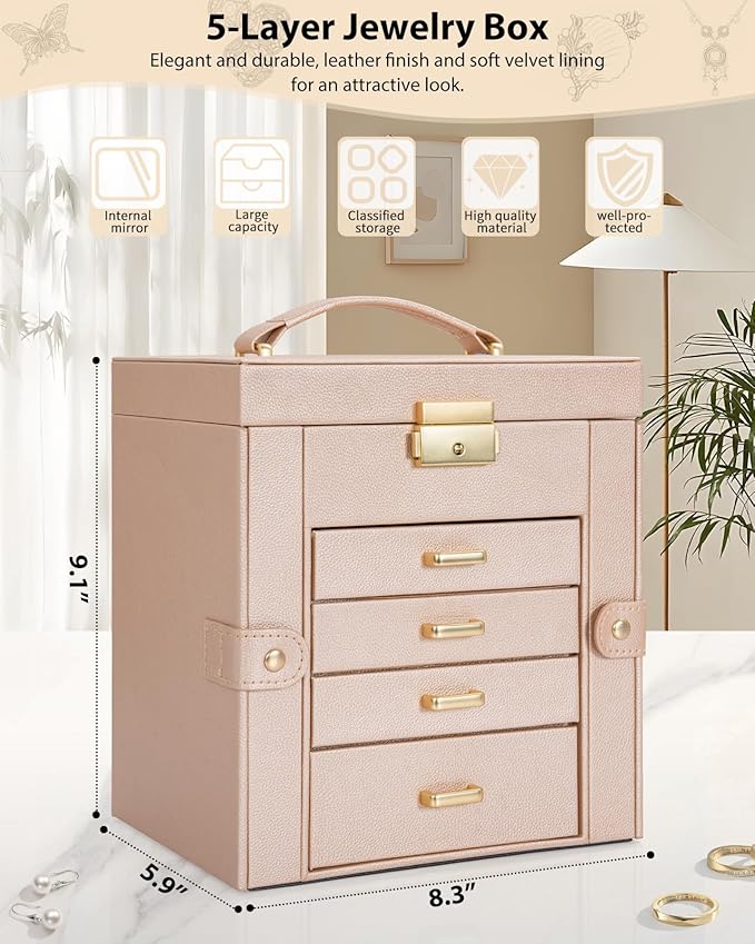 AKOZLIN 5-Tier Jewelry Box Leather Jewelry Storage Organizer with 4 Drawers Lockable for Women Girls Ring Necklace Earring Bracelet Watches Holder with Mirror Champagne