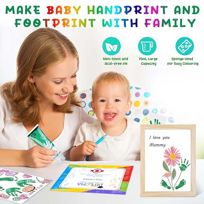 75ml Green Baby Hand and Footprint Ink Kit, Baby Handprint Footprint Paint for Newborn Keepsake, Dog Cat Paw Print Kit, Washable, Non Toxic Acid-Free, Safe Gentle for Ideal New Mom Gifts