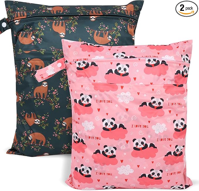 2pcs Travel Waterproof Laundry Bag, Cloth Diaper Wet Dry Bags with Handle & 2 Zipper Pockets, Reusable Washable Dirty Clothes Bag for Baby Adult Travelling Hanging, Bathing Beach Pool Daycare