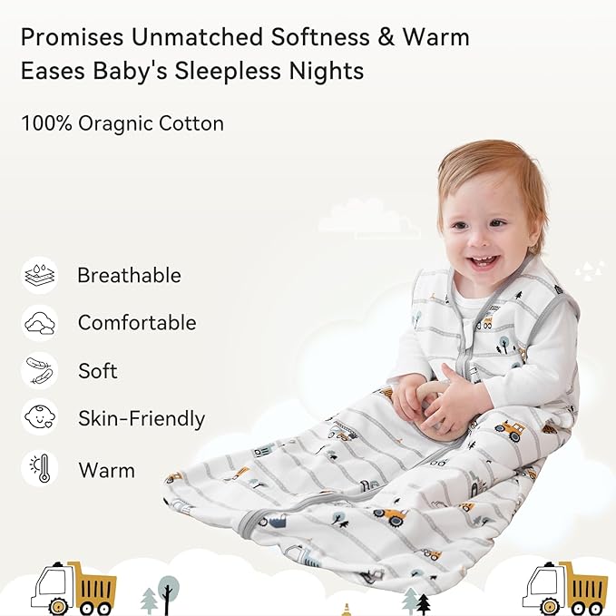 Baby Sleep Sack 6-12 Months 0.5 Tog Wearable Blanket Baby, 3 Pack 100% Cotton Lightweight Sleeping Sack with 2-Way Zipper for Newborn Infant Excavator