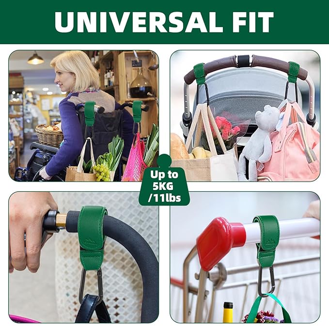 Baby Stroller Hooks Bag Hooks for Hanging Diaper Bags Multipurpose Hooks for Grocery Shopping Bags Premium Vegan Leather Pram Straps 2 Pcs (Green)