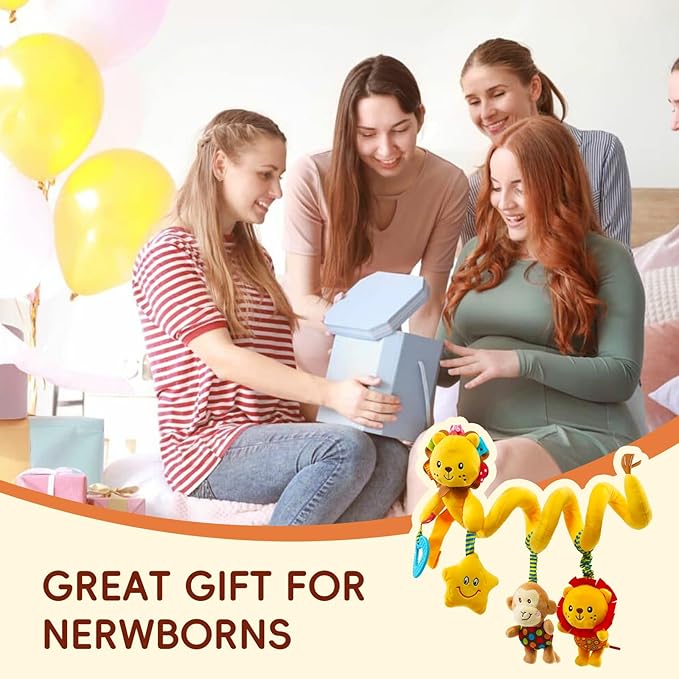 Jollybaby Crib Stroller Car Seat Toys for Baby 0-3-6-9-12 Months, Tummy Time Hanging Sensory Toys for Newborn with Music Box and Teether, Spiral Carseat Toy for Infant Boys Girls Gifts (Little Lion)