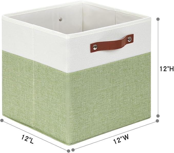 HNZIGE Fabric Storage Cubes for Shelves Set of 4 ,Storage Cubes Baskets 12 x12, Decorative Storage Bins Basket with Handles, Green Baskets for Organizing Home Nursery(Green White)