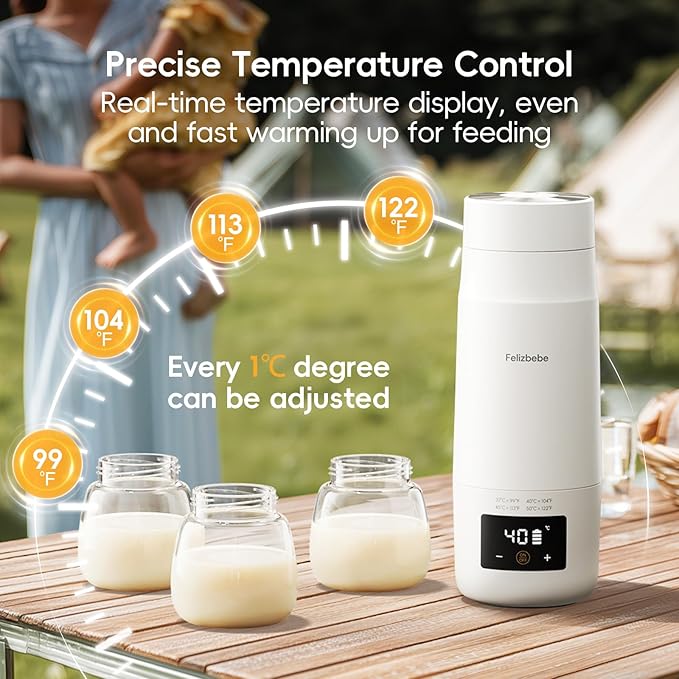 Portable Bottle Warmer for Travel, Detachable Baby Bottle Warmer Portable for Breastmilk Formula, Fast Heating & Long time Temp Keep, Rechargeable, Healthy for Baby on Journey, Car, Airplane