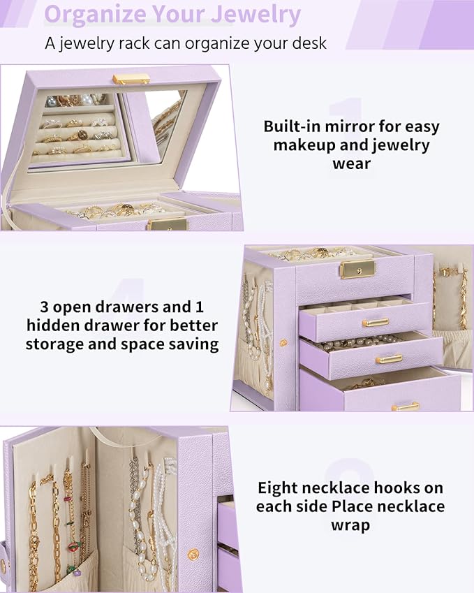 AKOZLIN 4-Tier Jewelry Box Leather Jewelry Storage Organizer with 3 Drawers Lockable for Women Girls Ring Necklace Earring Bracelet Holder with Mirror Purple