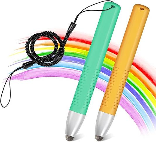 2pcs Kid-Friendly Stylus Pens for Touch Screens, Tablet Stylus Pen with Spring Cord Universal Touch Screen Capacitive Crayon Stylus Green Orange