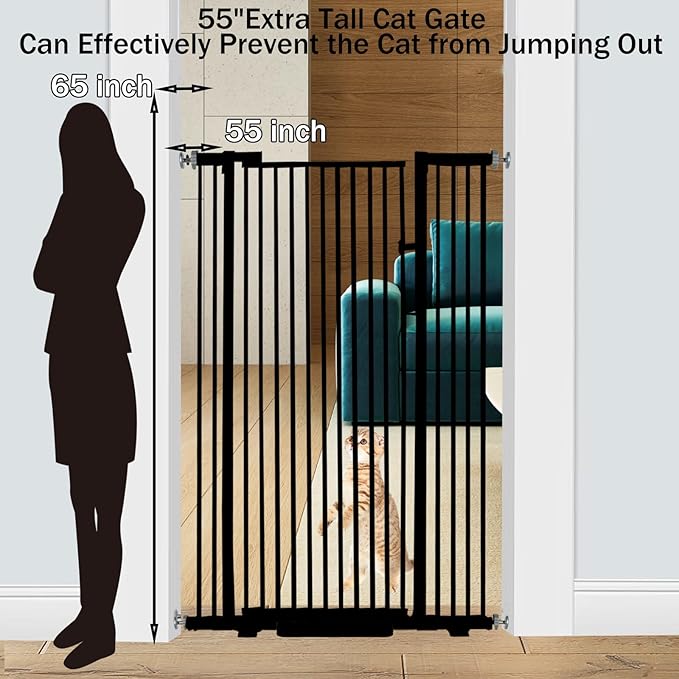 55.1 Inch Tall Baby Gate Auto Close Dog Gate Adjustable 29.92"- 48.03" Wide Pressure Mounted Walk Through Swing Pet Gate for Doorways (Black, 29.92"- 48.03")