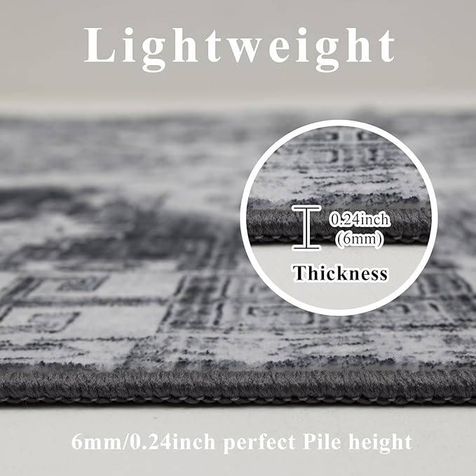 9x12 Area Rug Living Room Rugs, Stain Resistant Washable Rug, Vintage Large Non-Slip Backing, Low Pile Lightweight Print Rug for Bedroom Dinning Room Home Office (Medium Gray)