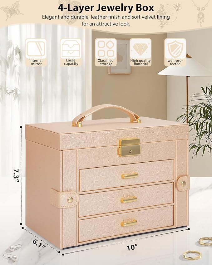 AKOZLIN Large 4-Tier Jewelry Box Leather Jewelry Storage Organizer with 3 Drawers Lockable for Women Girls Ring Necklace Earring Bracelet Watches Holder with Mirror Champagne