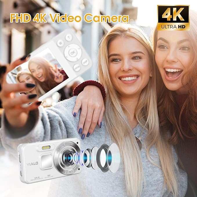 4K Digital Camera for Teens, FHD 64MP Digital Camera for Kids with 64GB SD Card, 18X Digital Zoom Cameras for Photography, Point and Shoot Video Camera for Kids, White