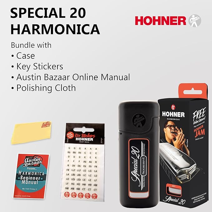Hohner Special 20 Harmonica - Key of C Bundle with Key Stickers, Plastic Case, Instructional Manual, and Austin Bazaar Polishing Cloth