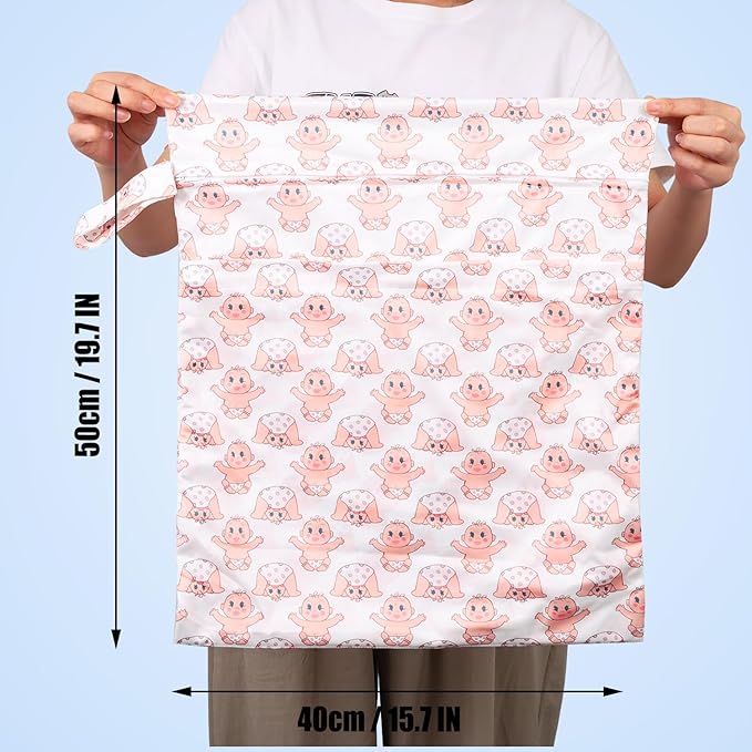 2pcs Travel Waterproof Laundry Bag, Cloth Diaper Wet Dry Bags with Handle & 2 Zipper Pockets, Reusable Washable Dirty Clothes Bag for Baby Adult Travelling Hanging, Bathing Beach Pool Daycare