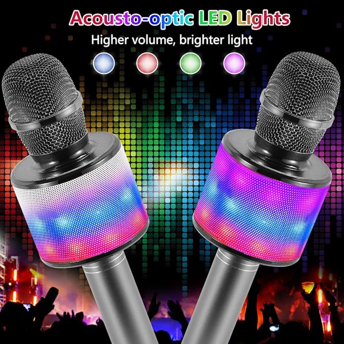 Amazmic Kids Karaoke Microphone Machine Toy Bluetooth Microphone Portable Wireless Karaoke Machine Handheld with LED Lights, Gift for Children Adults Birthday Party, Home KTV(Gray)