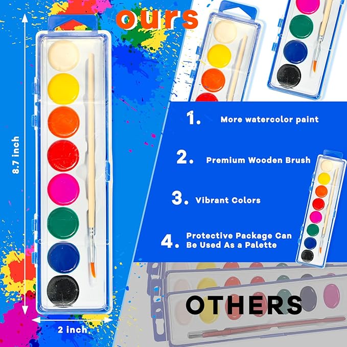 48 Pack Watercolor Paint Set for Kids - 8 Washable,Bright Colors with Paintbrush Watercolor Paint Bulk for Kids Party Favors,Classrooms Supplies,Art Lessons
