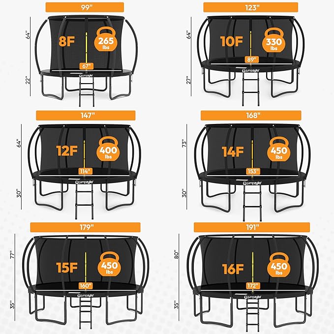 JUMPZYLLA Trampoline Outdoor 8FT 10FT 12FT 14FT 15FT 16FT with Enclosure and Ladder, ASTM Approved Recreational Trampoline for Kids and Adults, Anti-Rust Coated Frame