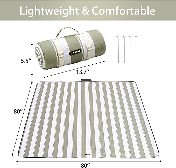 HX&OD Outdoor Picnic Blanket Extra Large, 80''*80' Waterproof Picnic Mat with Stakes Foldable Camping Blanket Portable with Carry Strap for Beach Mat (Green, 80''*80'')
