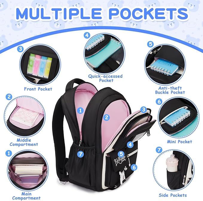 Kids Backpack for Girls - School Bags for Middle School Students - Book Bag for Elementary Primary - Kawaii Ita Backpack - Black and Beige