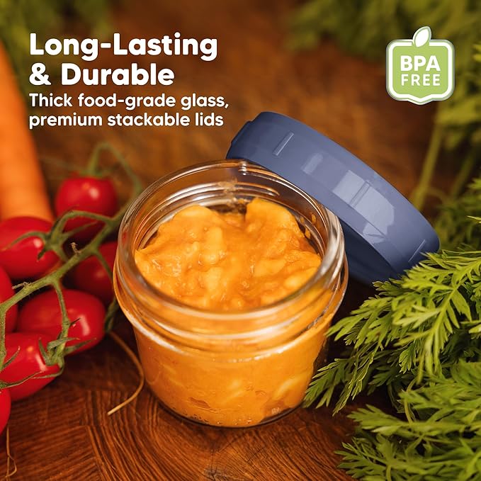 KeaBabies 6pk 4oz Glass Baby Food Containers with Lids - Leak-Proof, Microwavable Small Glass Jars, Baby Purees & Toddler Snack Storage Containers, BPA-Free, Dishwasher & Freezer Safe (Sunset)