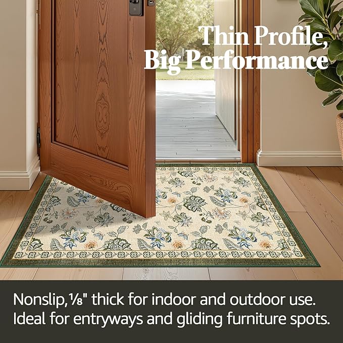 jinchan 2x3 Floral Rug for Entryway Washable Kitchen Rug Vintage Romance Design Small Mat Non Slip Indoor Doormat Lightweight Low-Profile Throw Carpet for Entrance Bathroom Laundry Room, Green/Beige